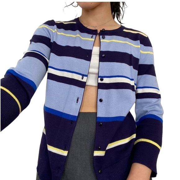 Cable & Gauge💙Blue Stripe Button Front Crew Neck Cardigan Sweater Size L - Picture 3 of 10